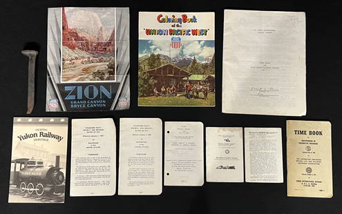 Antique R/R  Spike, Union Pacfic Coloring Book, Railway Study Guide, Pamphlets, Brochures & Bookl...: Rusty antique 6.5" railroad spike - 1928 Union Pacific System 'The Route Overland' Zion, Grand Canyon, Bryce Canyon Tour Brochure - America's Greatist Combination Scenic Tour, 1928. Train tours to Zio
