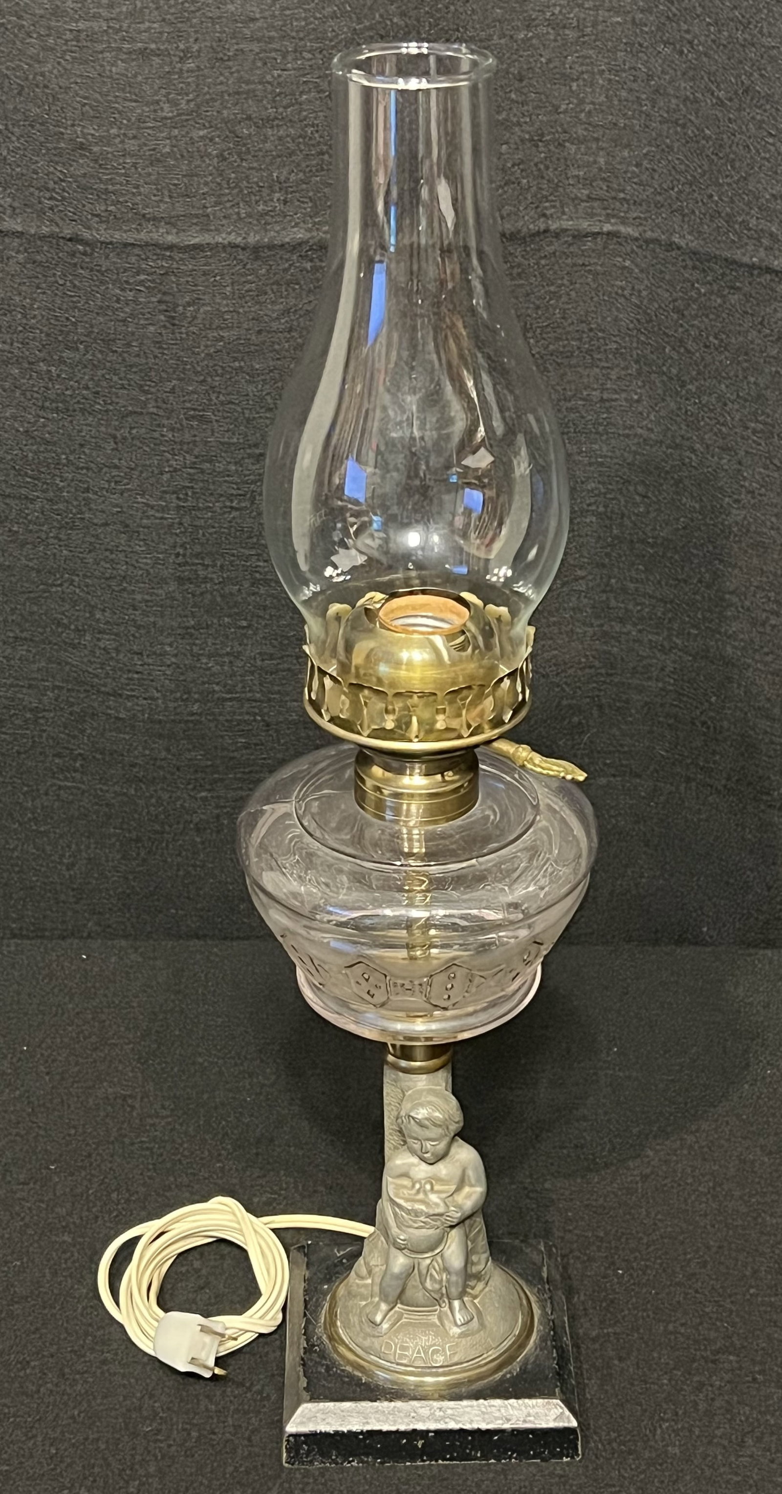 "PEACE" Electrified Figural Oil Table Lamp with Glass Chimney and Base (1 of 2)