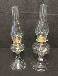 Queen Anne Pedestal Oil Lamp and Antique Thomaston Oil Lamp: Queen Anne pedestal oil lamp with 10" glass chimney is a simplistic style vintage piece. There's a bubble flaw in the base of the lamp (5" x 5" x 19"). The other lamp in this lot is an antique P & A T
