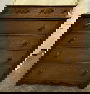 Antique Walnut Finish 7-Drawer Dresser: This great old dresser with a walnut finish has 4 drawers, dovetail drawer construction, original hardware and key holes. The shelf top with 3 small hankie drawers with keyholes add extra space to an