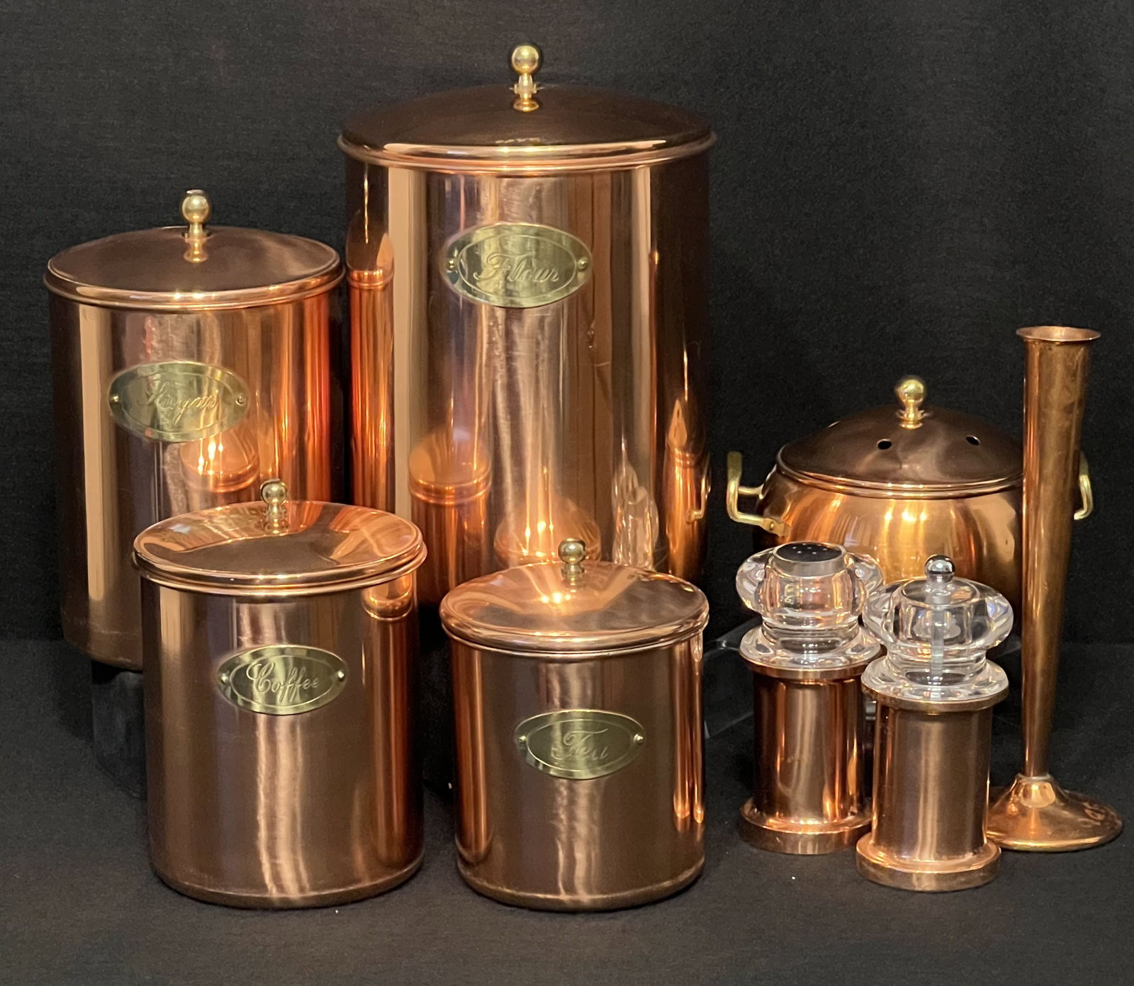 Copper Canisters, Potpourri Can, Salt Shaker, Pepper Mill, and Bud Vase (1 of 8)