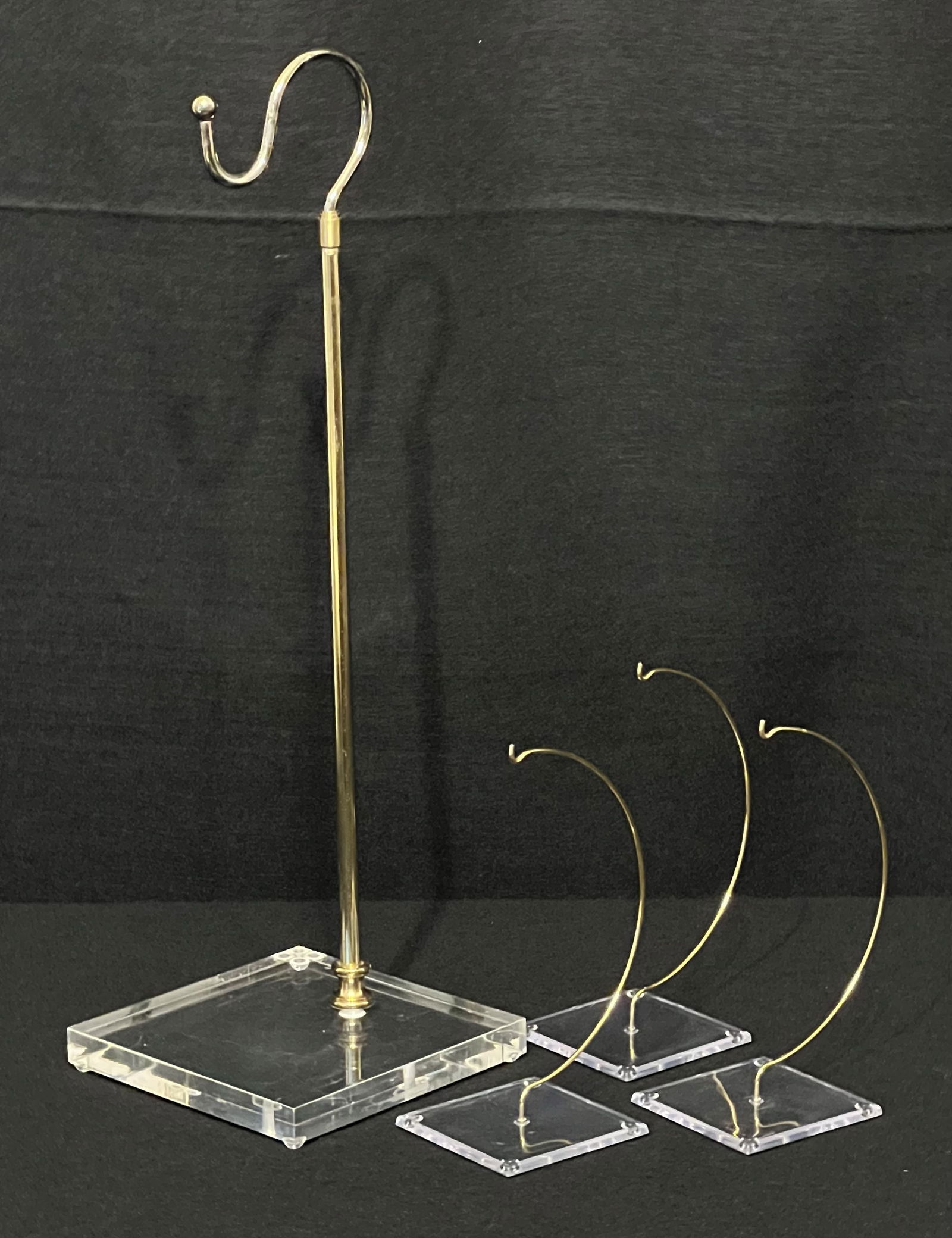 Gold Ornament Holders with Acrylic Bases: These ornament holders/displays are used and show some cosmetic wear. 1 - Adjustable (19"-30") Gold Ornament Holder with Acrylic Base (6" x 6" x 19") 3 - Small Gold Ornament Holders with Acrylic Bases