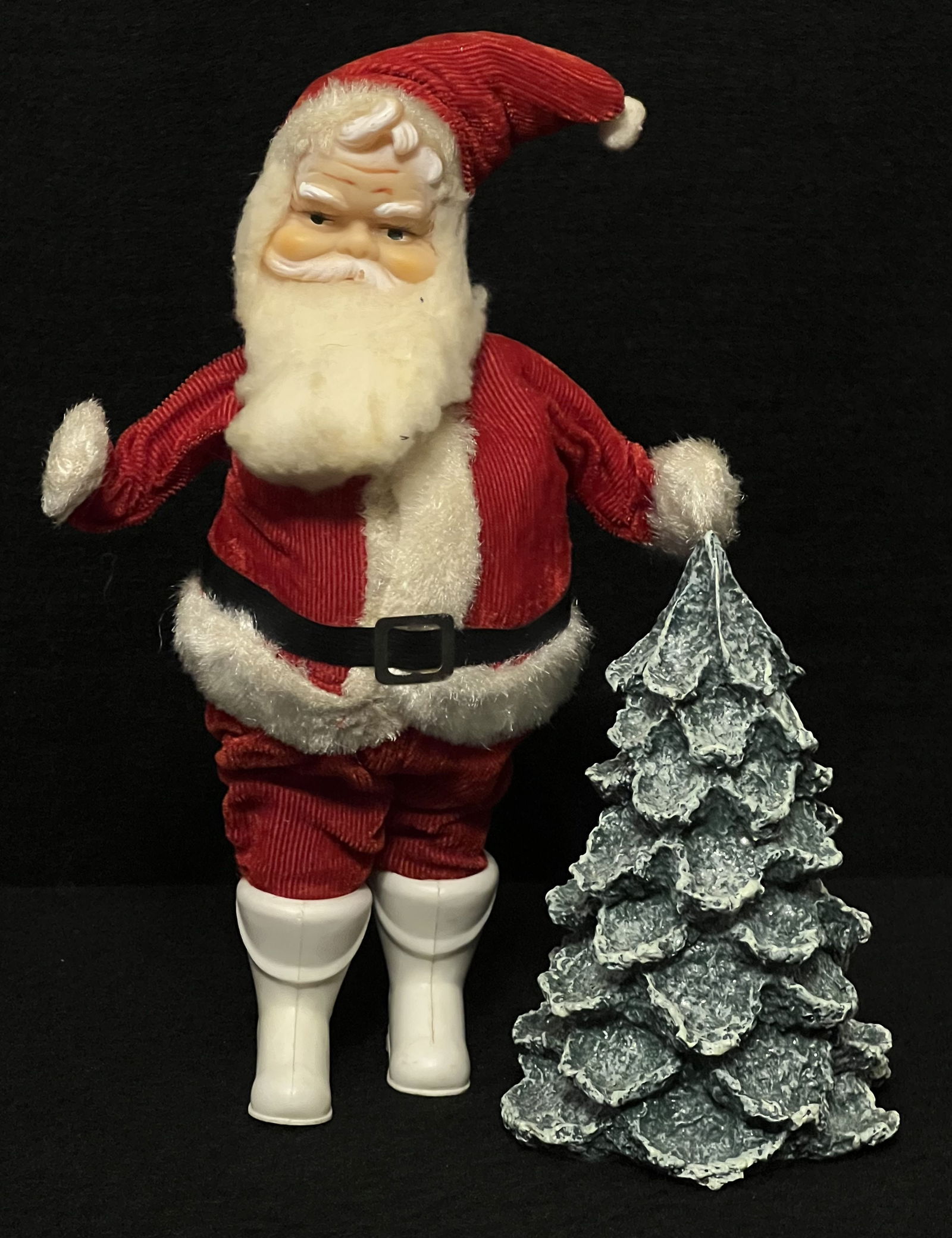 Vintage Santa & Snowsnickle Frosted Pine Tree: Vintage Santa doll with plush body, plastic face, black boots and corduroy suit. The charming Santa stands easily on it's own & is in fairly good condition. (7" x 3" x 11") Frosted Pine tree figurine