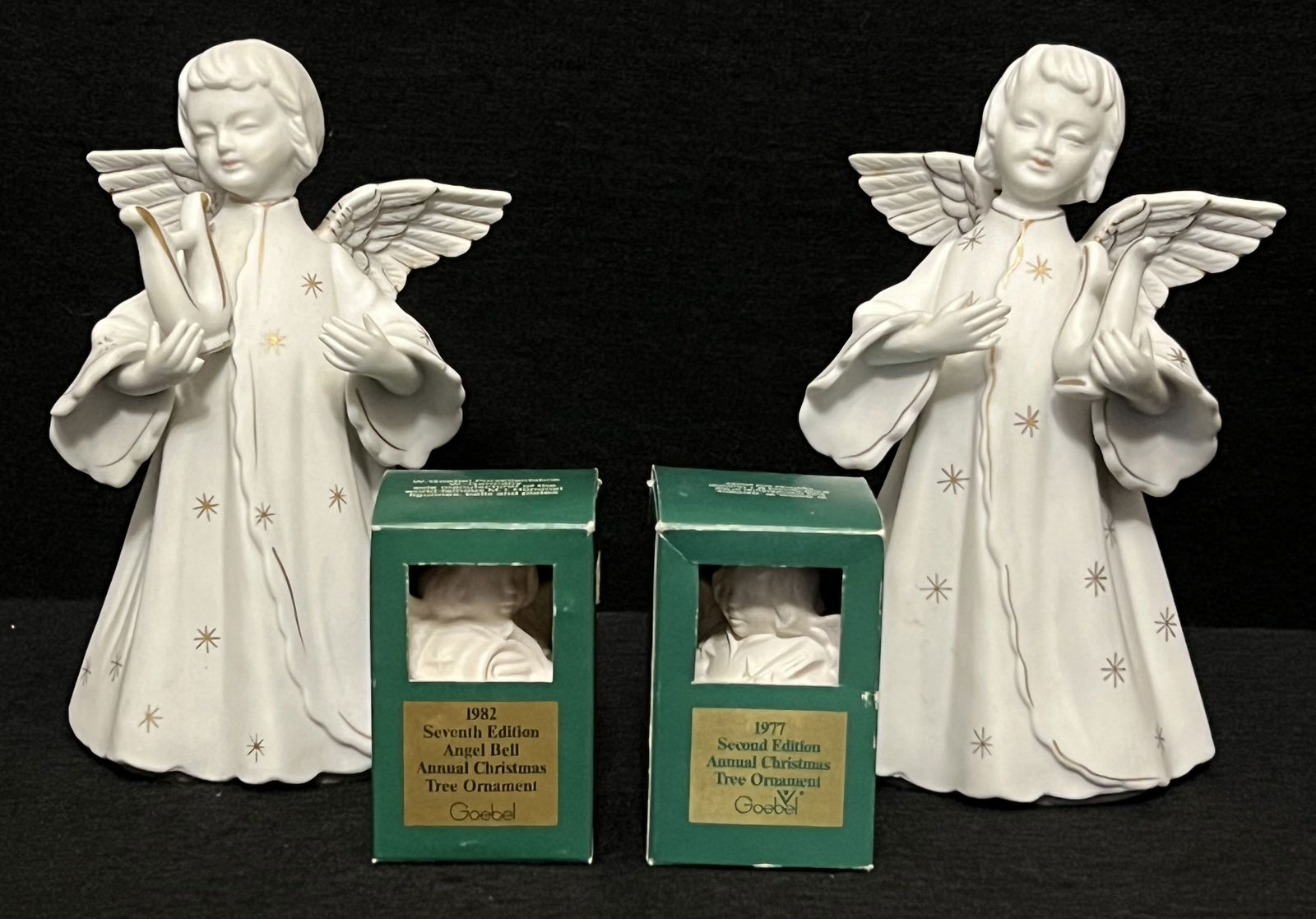 Lot of 4 Vintage Angels, Schmid & Goebel: The pair of white ceramic angels candle holder set with harps & gold stars by Japan Schmid Bros. are in very good condition. They are identical with the exception of the harp is being held in differen