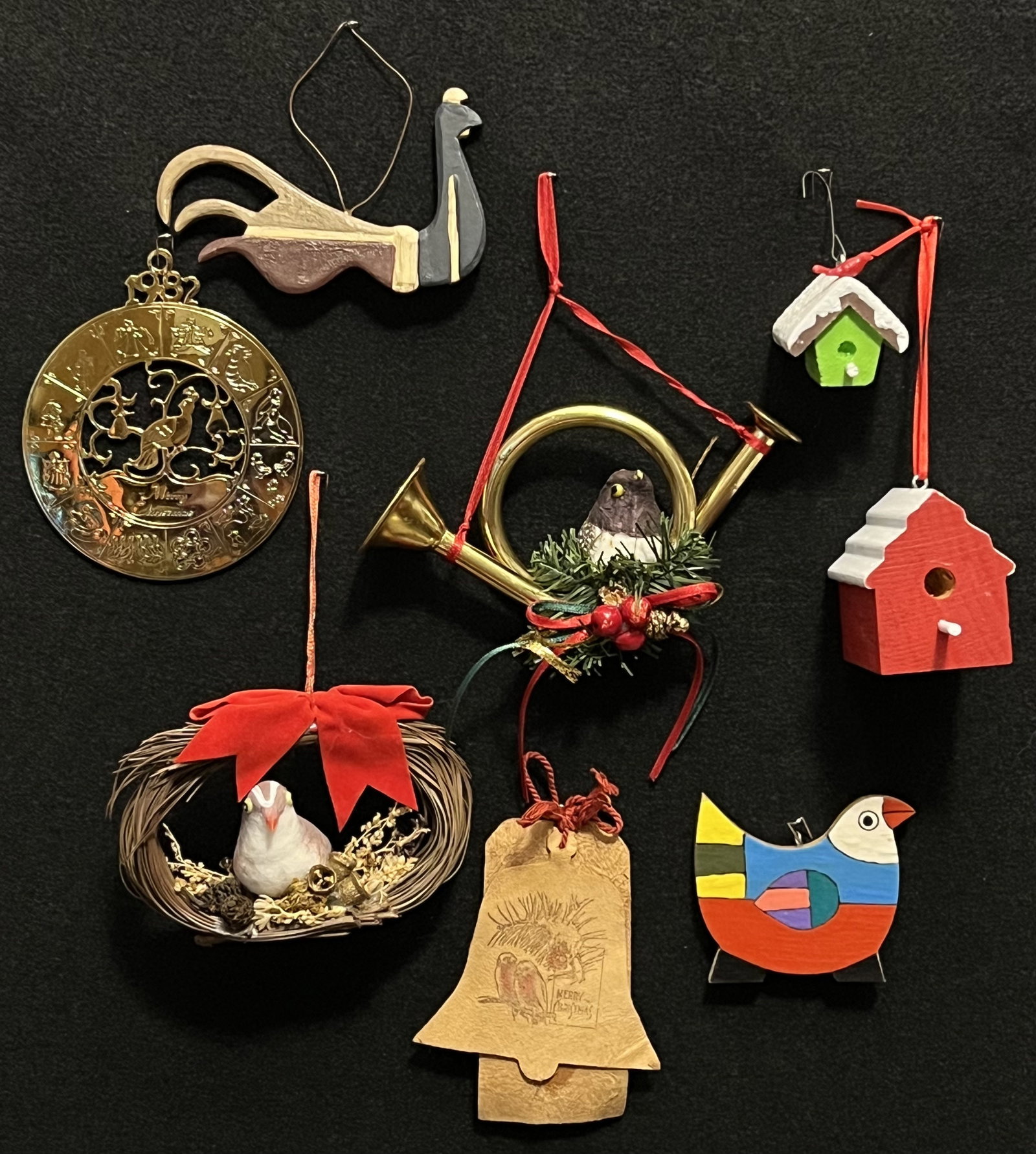 Lot of 8 Bird Ornaments: The wooden colorful bird is a cute artistic ornament. It's in nice condition. (2.25" x 2.5") The wreath ornament has a nice red bow & a little bird. All in good condition. (2.25" x 4") A french horn i