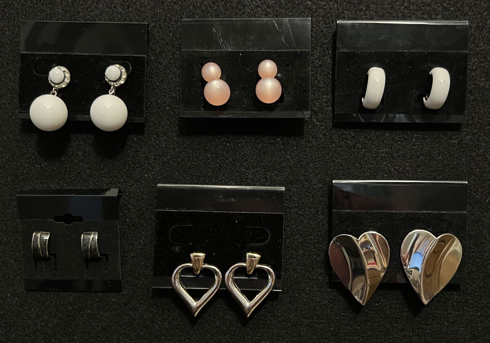 6 Clip/Screwback Earrings: White marked Japan glass ball screwback earrings that were popular from late 1800's - 1950's. Each earring has larger ball that dangles below the smaller rhinestone framed glass ball where it clippes