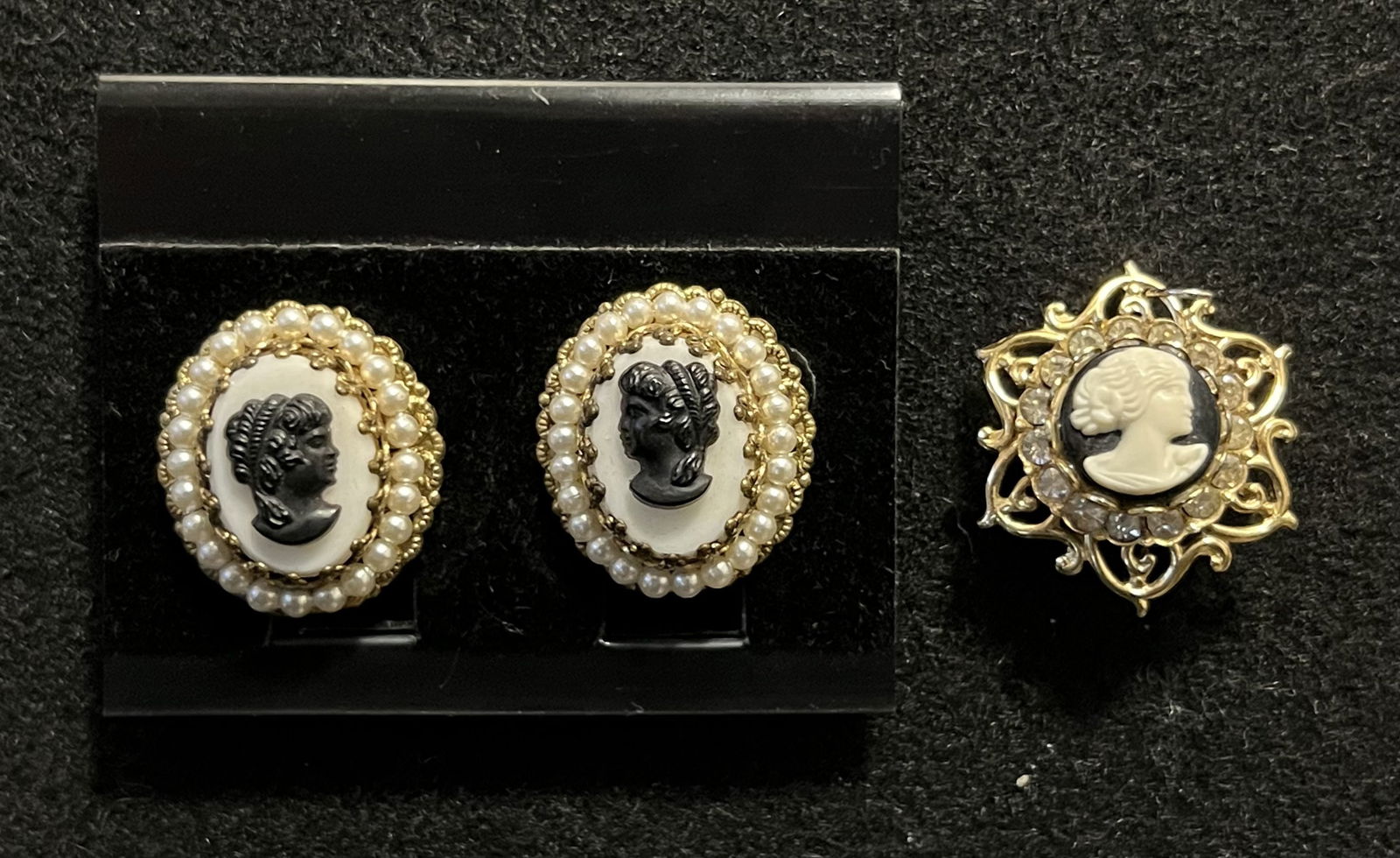 Pair of West Germany Cameo Clip Earrings & Small Cameo Brooch (1 of 5)