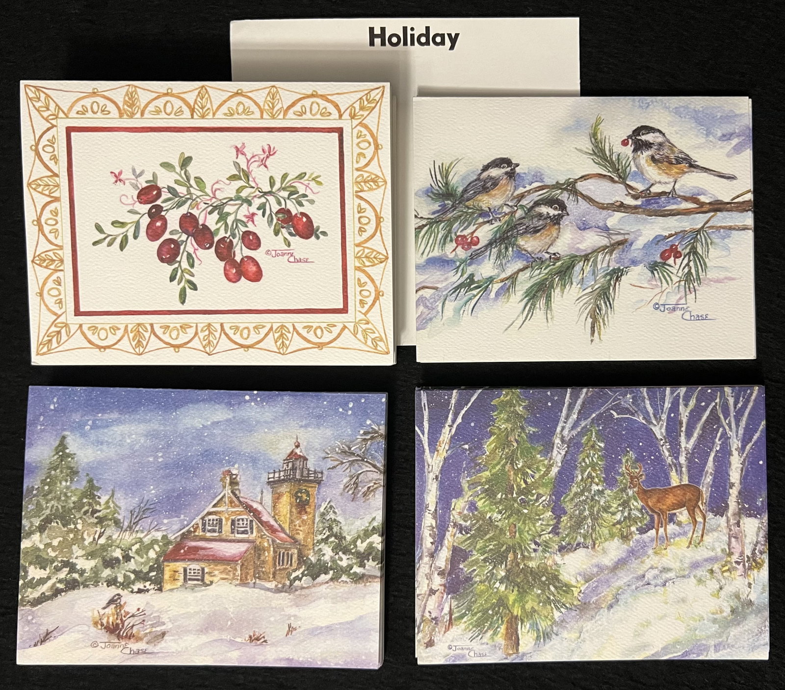 Rare/Discontinued Original Joanne Chase Artistic 83 Holiday Cards: 83 Assorted original watercolor holiday design cards by Joanne Chase. Approximate numbers of cards include: 55 Holiday greeting cards 12 Blank holiday cards 16 Thank You holiday cards. Please note: On