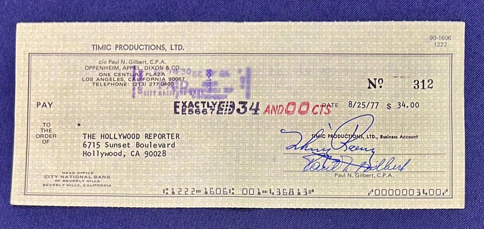 1977 Original Signed Check from Mickey Rooney to The Hollywood Reporter (1 of 3)