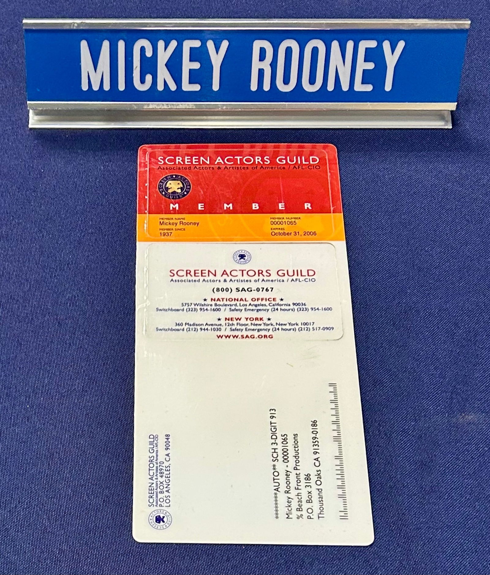 Mickey Rooney's Desk Name Plate and his 2006 Screen Actor's Guild Card Lot (1 of 4)