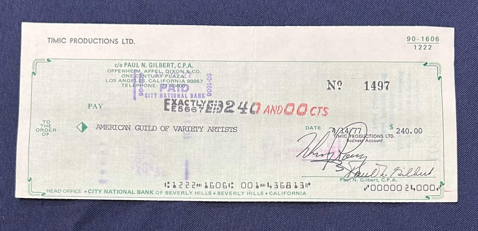 1977 Original Signed Check from Mickey Rooney to American Guild of Variety Artists: 1977 Original Signed Check from Mickey Rooney to American Guild of Variety Artists.