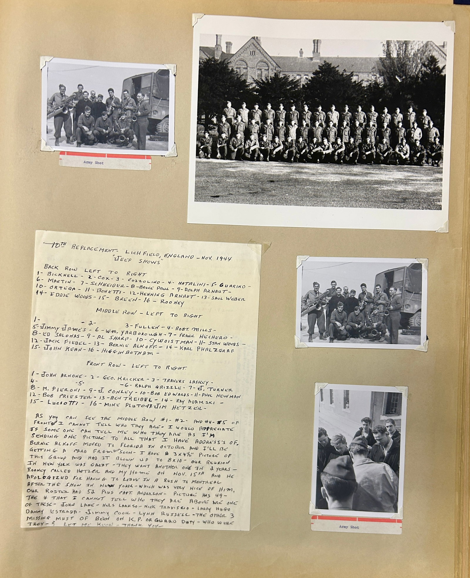 Mickey Rooney's Original Black & White Army Photos w/ Handwritten Account Identifying Soldiers: Mickey Rooney's Army Photos: 10th Replacement Lichfield, England. A hand written description of those photographed with request for more information and soldier's addresses is also attached.