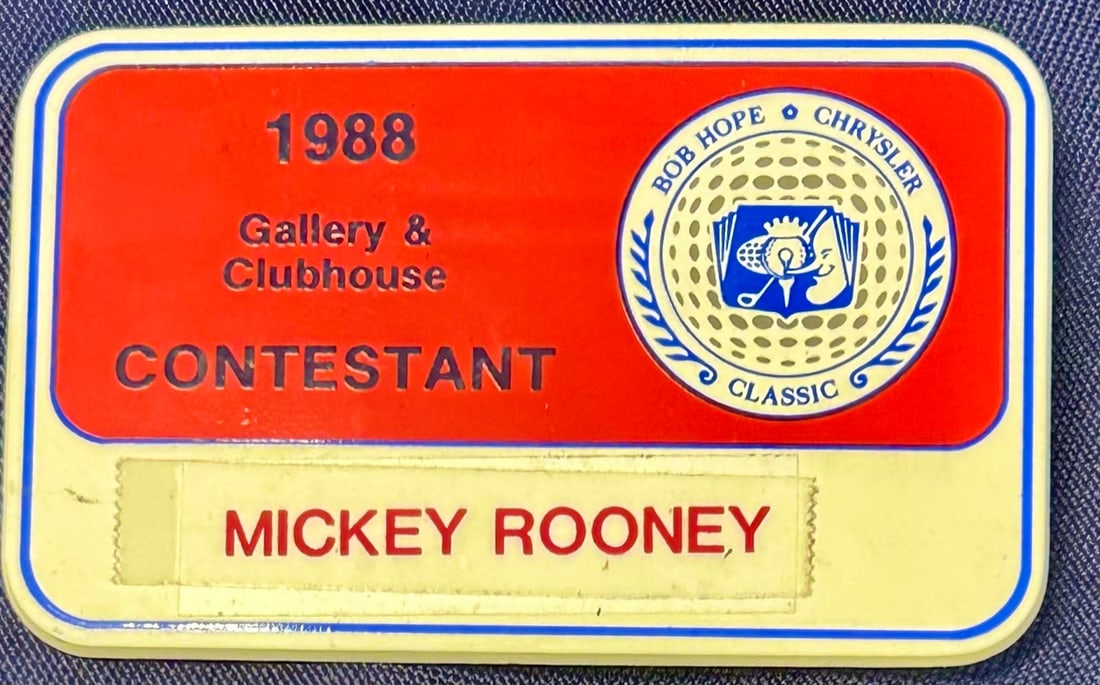 Mickey Rooney's Contestant Badge for the 1988 Bob Hope Chrysler Classic Golf Tournament (1 of 2)
