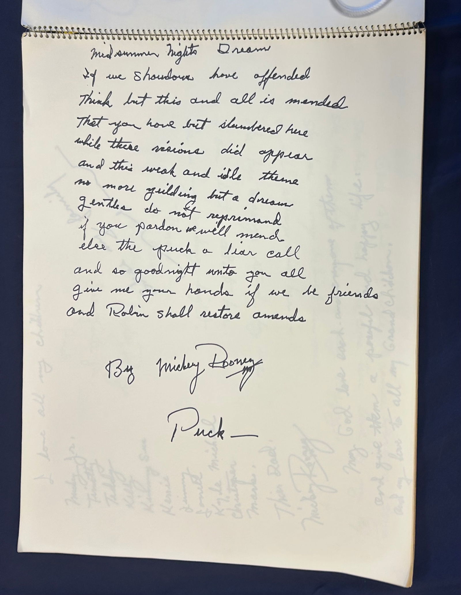Mickey Rooney Signed Long Hand Copy of Puck's Final Speech in Shakespeare's Mid Summer Night's Dream (1 of 2)