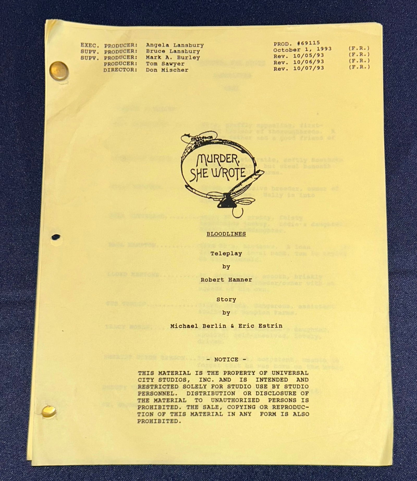 Mickey Rooney's Script: Murder She Wrote, Bloodlines Starring Angela Lansbury (1 of 1)