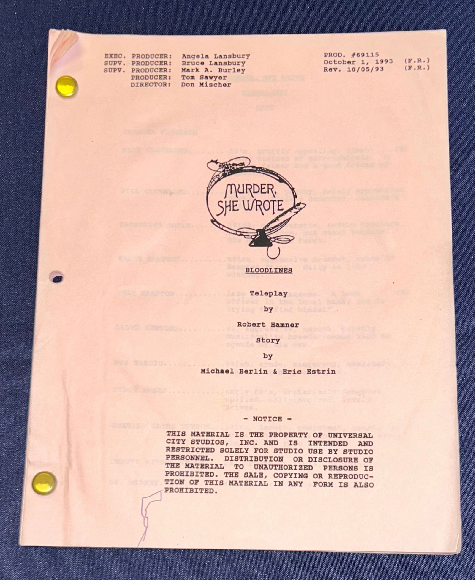 Mickey Rooney's Script: Murder She Wrote, Bloodlines Starring Angela Lansbury (1 of 1)