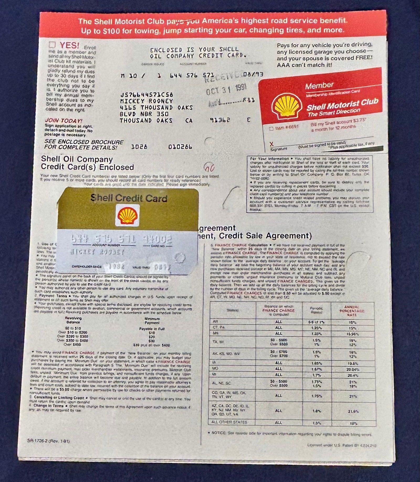 Mickey Rooney's Shell Credit Card with Shell Correspondence: After Mickey's credit card couldn't be read by the electronic scanner, Shell sent him new credit cards and a letter of explanation. As pictured, the credit card was never taken off its attached corres