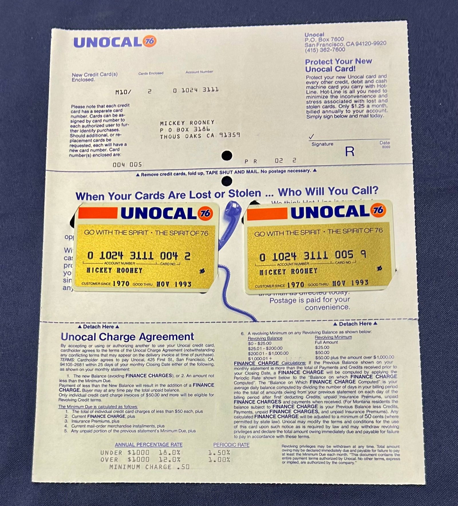 Mickey Rooney's Unocal 76 Gas Credit Cards: Mickey Rooney's Unocal 76 Gas Credit Cards still on their original Unocal letter. The cards appear to never have been used and are not signed.
