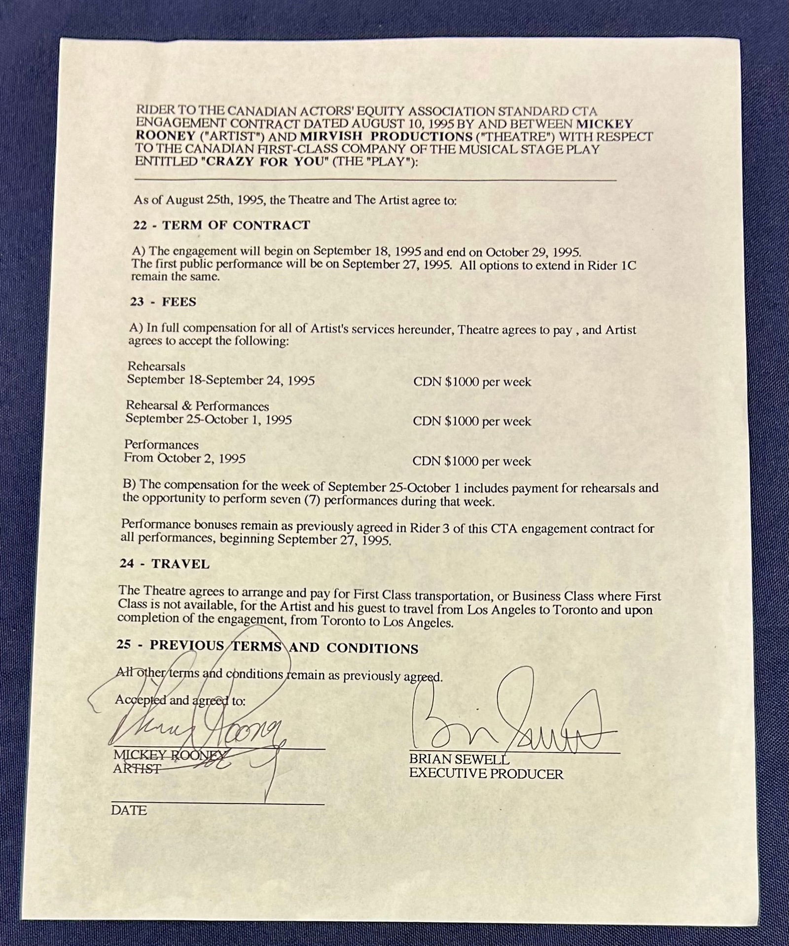 Signature Page of Rider to Contract Between Mickey & Mirvish Productions (Crazy for You) (1 of 2)