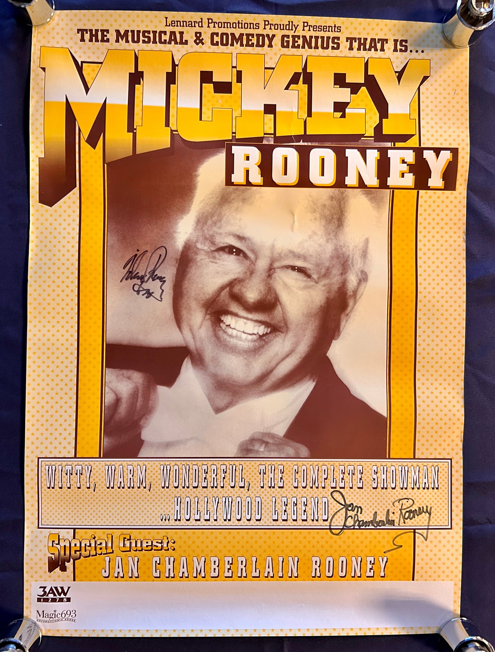 Lennard Promotions The Musical & Comedy Genius That Is...Mickey Rooney Autographed Poster: This Lennard Promotions The Musical & Comedy Genius That Is...Mickey Rooney Poster is autographed by Mickey Rooney and Jan Chamberlain Rooney.
