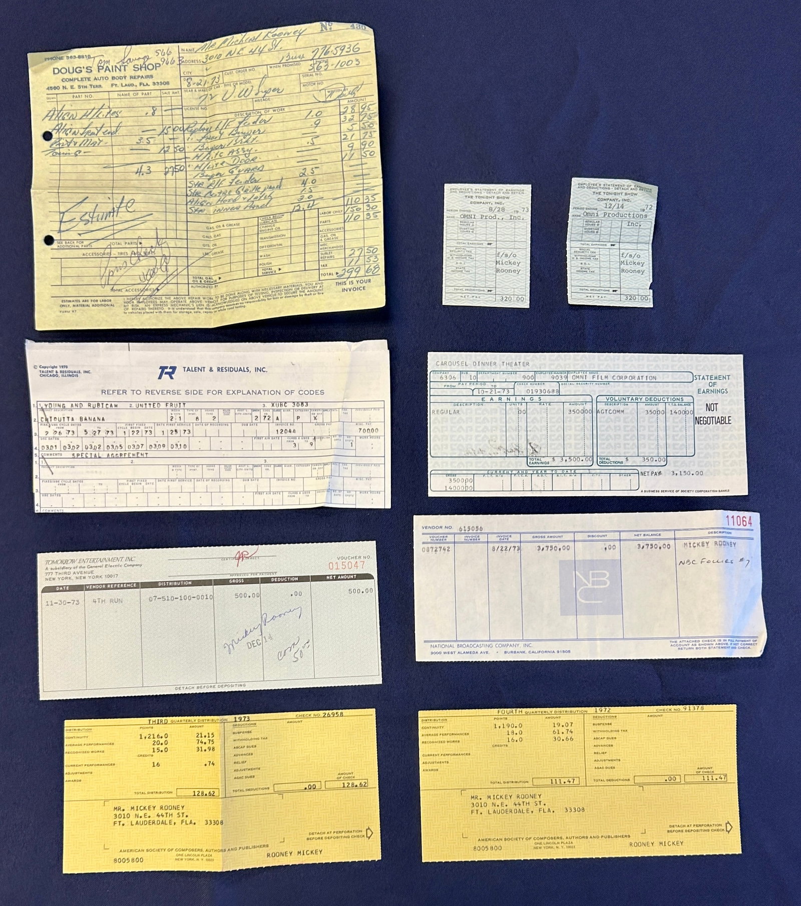 Mickey Rooney's 1972 - 1973 Tonight Show and Residual Payment Stubs Lot: Mickey Rooney's Tonight Show and Residual Payment Stubs from 1972-1973. Includes two stubs from The Tonight Show and stubs from Carousel Dinner Theater, American society of Composers, Authors and Publ