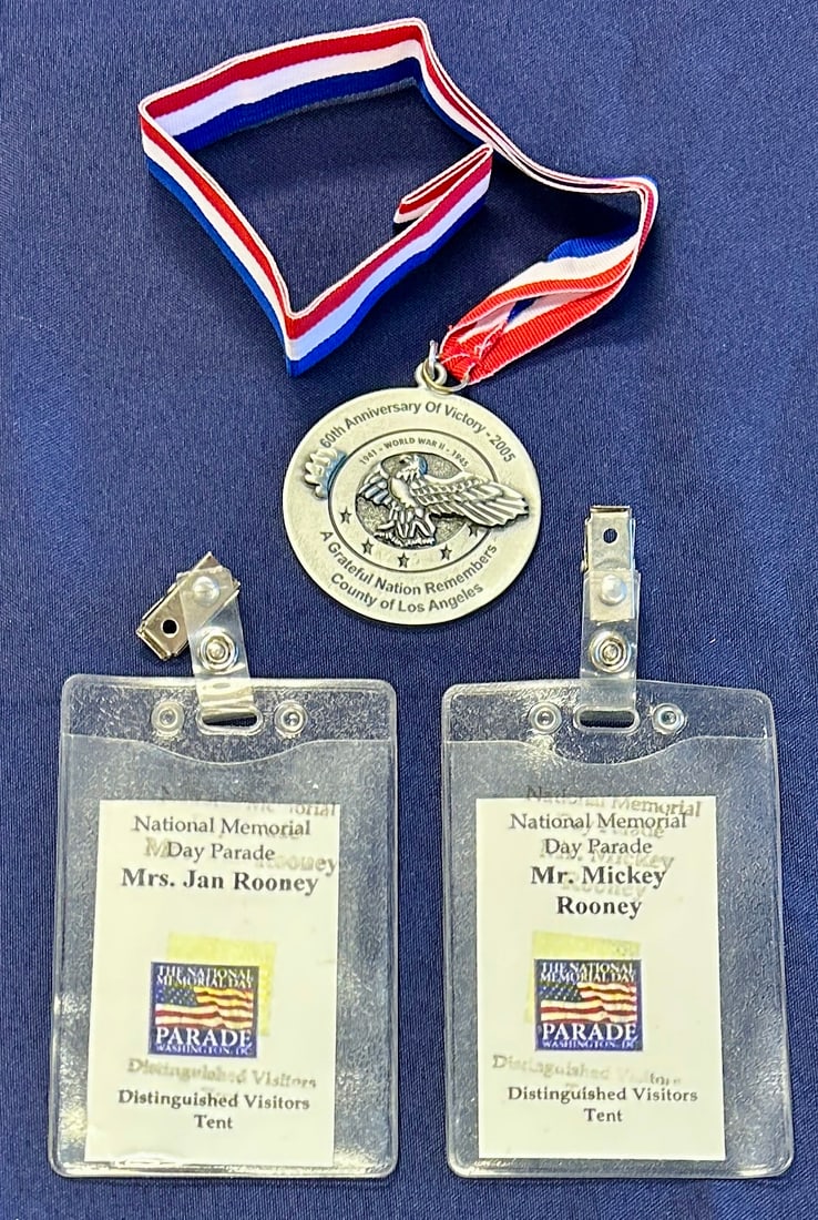 Mickey and Jan Rooney's National Memorial Day Parade Passes and Commemorative WW II Medal Lot: Mickey and Jan Rooney's National Memorial Day Parade Passes with Commemorative WW II Medal.