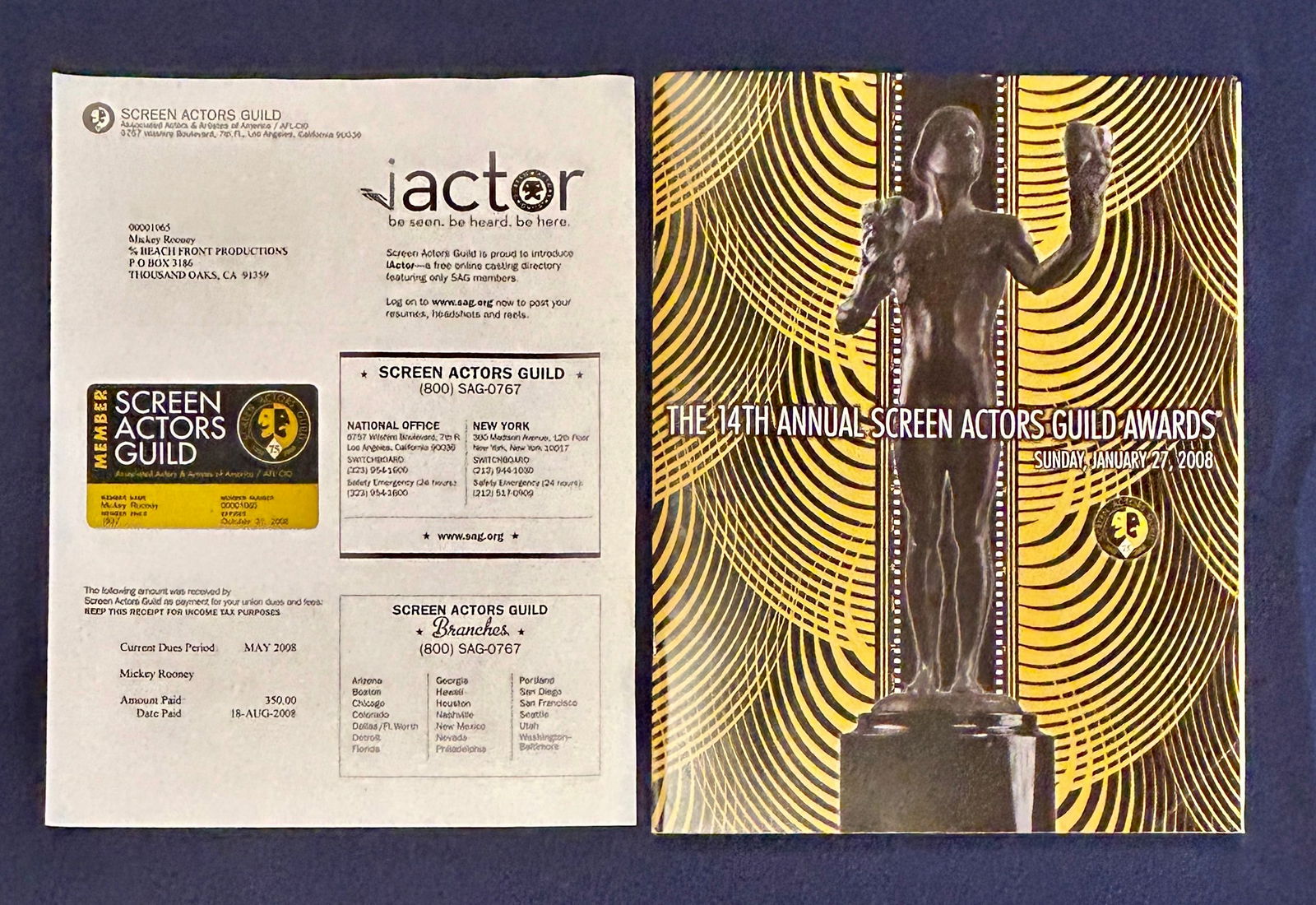 Mickey Rooney's 2008 Screen Actors Guild Awards Program + 2008 Screen Actors Guild Member Card Lot (1 of 4)