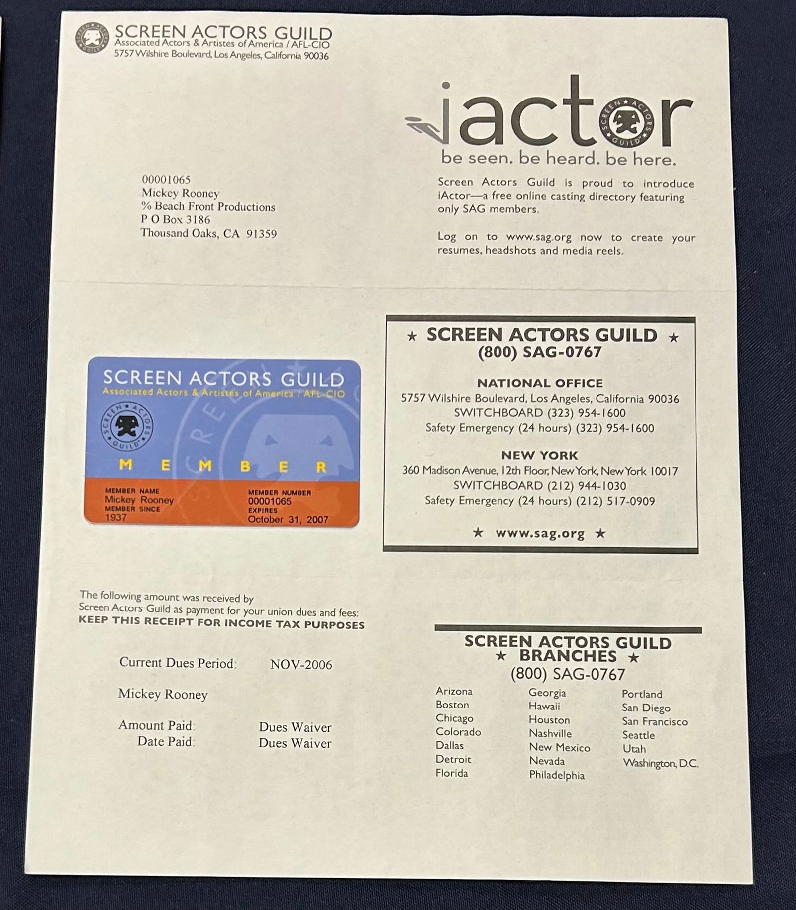 Mickey Rooney's 2007 Screen Actors Guild Member Card (1 of 3)