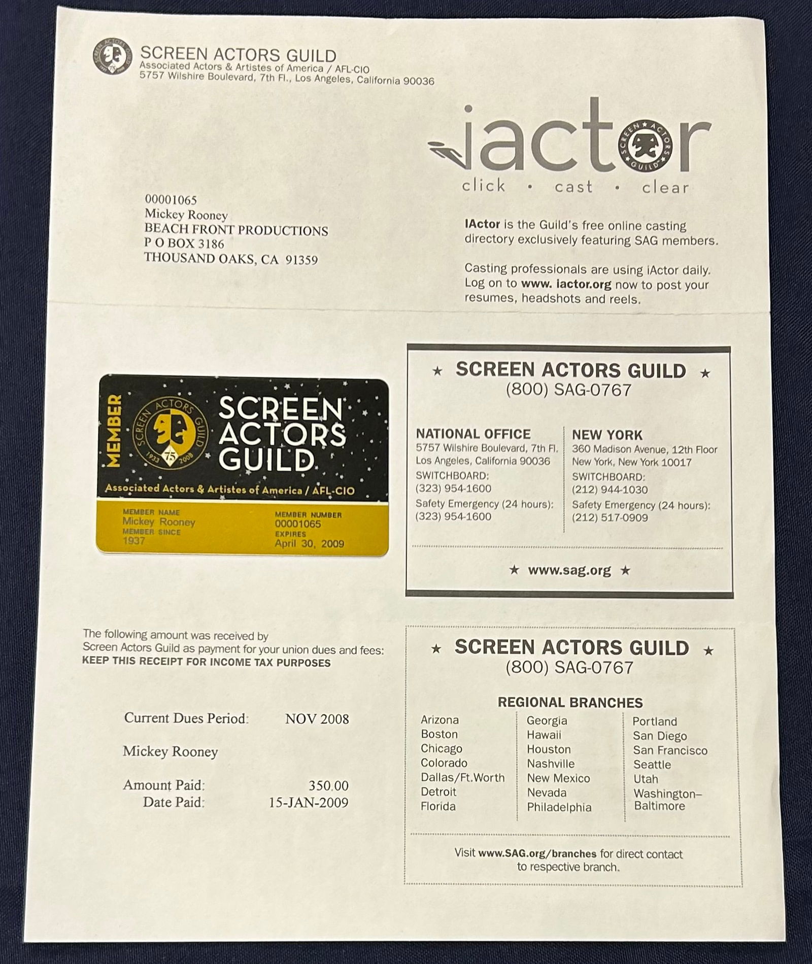 Mickey Rooney's 2009 Screen Actors Guild Member Card (1 of 3)