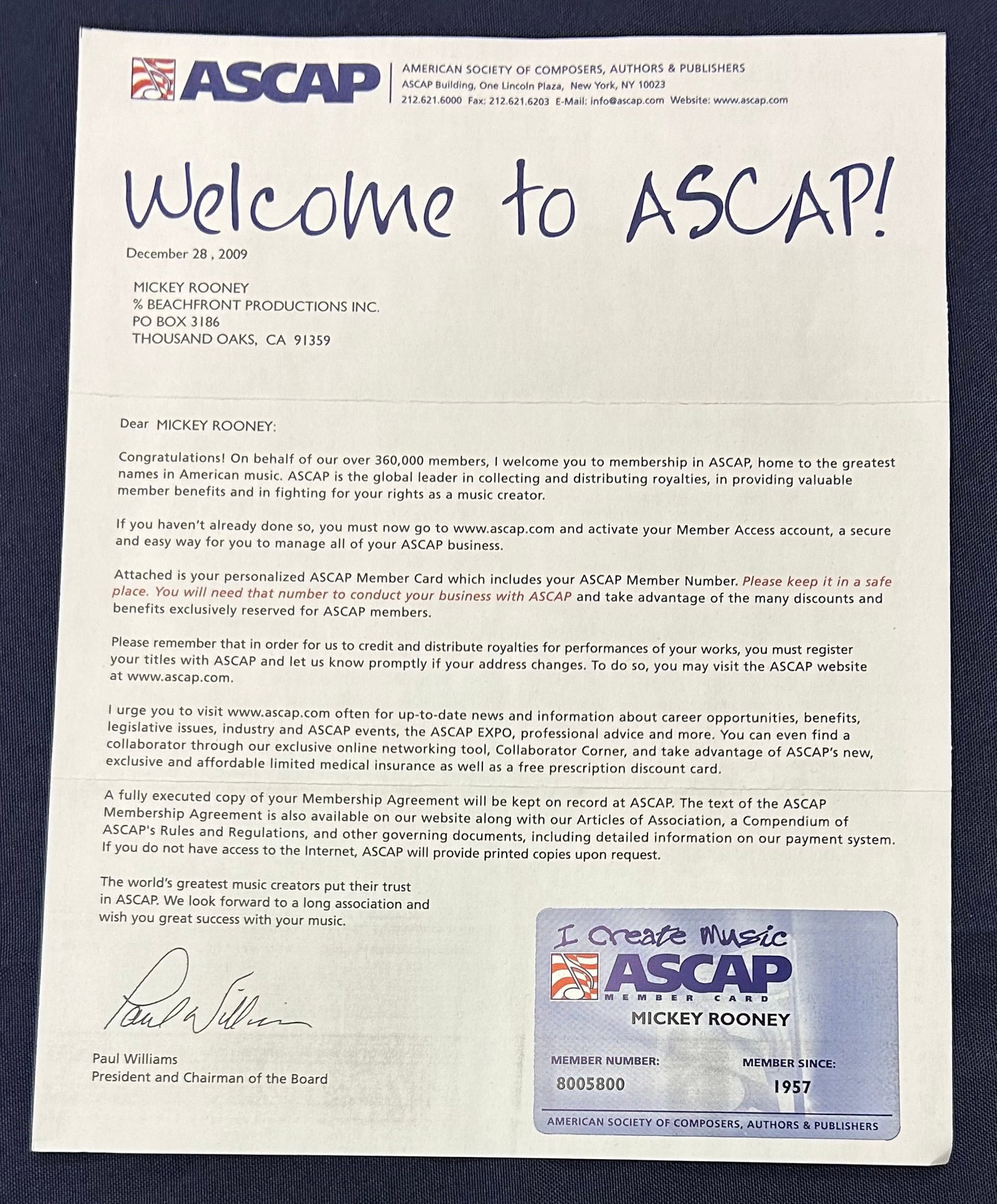 Mickey's 2010 American Society of Composers, Authors and Publishers Member Card: Mickey Rooney's 2010 American Society of Composers, Authors and Publishers Member Card affixed to its original ASCAP letter. ASCAP was founded in 1914 and Mickey became a member in 1957.