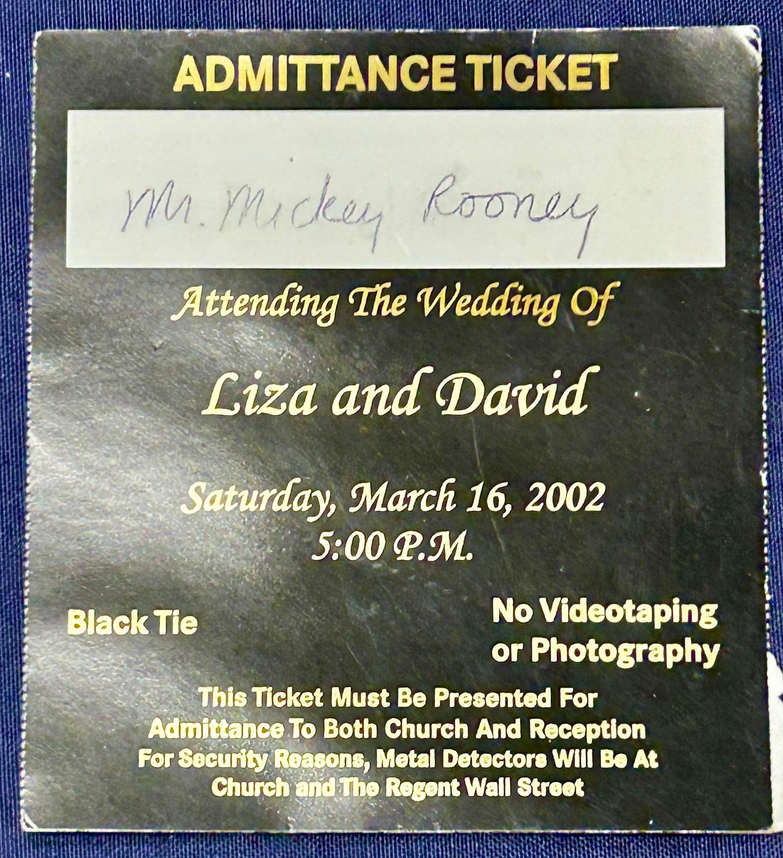 Mickey Rooney's Admittance Ticket to Liza Minelli's 2002 Wedding (1 of 3)