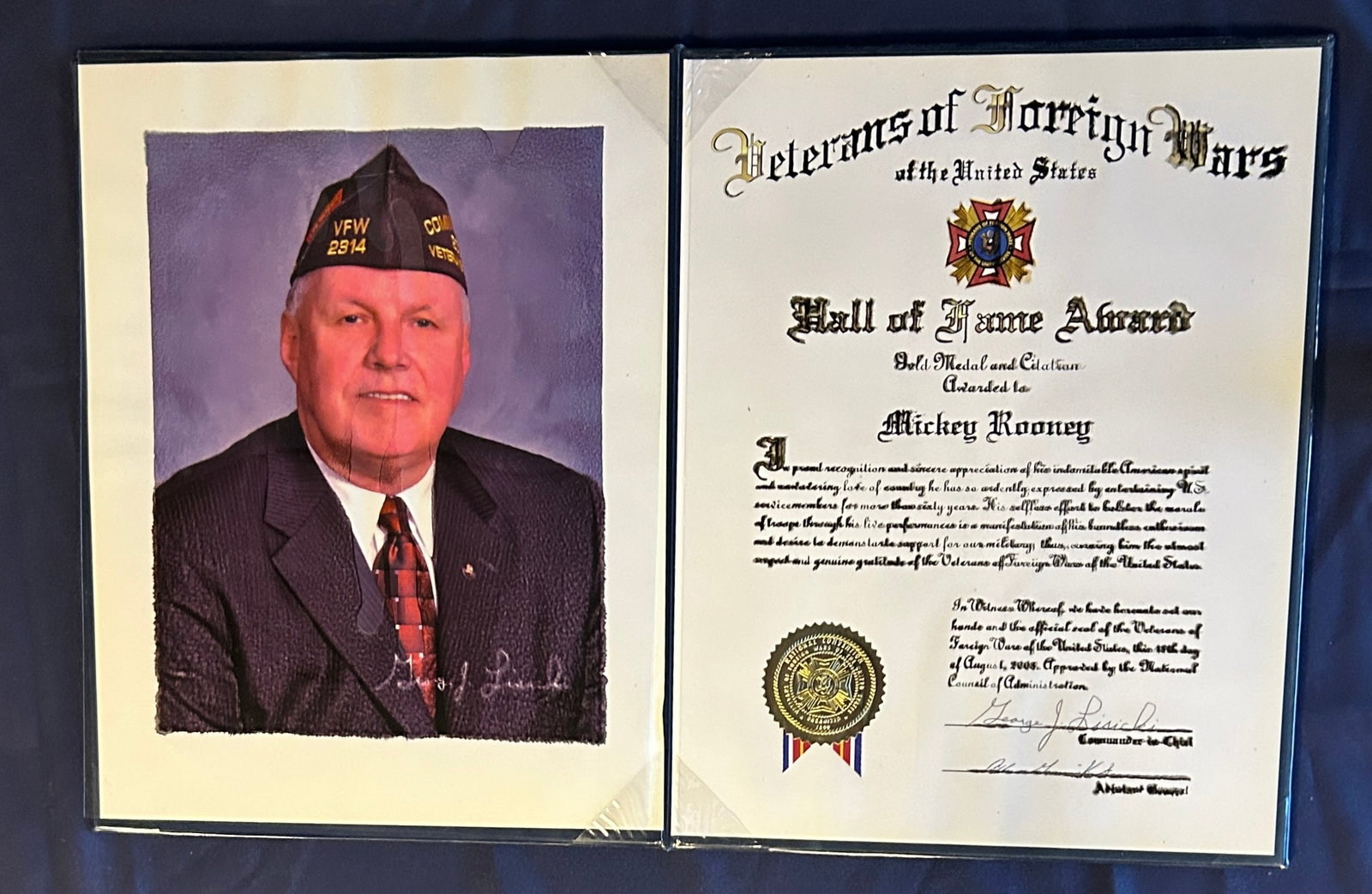 Mickey Rooney Veterans of Foreign Wars Hall of Fame Award Citation: Mickey Rooney's Veterans of Foreign Wars Hall of Fame Award Citation.