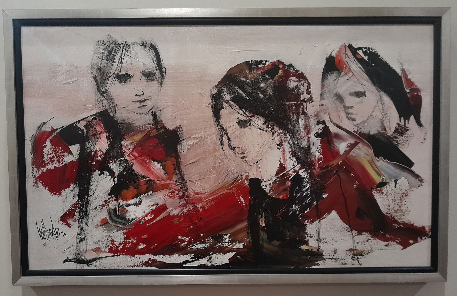 1973 Gino Hollander Acrylic Painting: 1973 Acrylic Painting on canvas entitled "3 Women" by American listed artist Gino Hollander. Measures 42.5 in. W x 26.5 in. H (framed). This painting is on consignment from a Los Angeles collector.