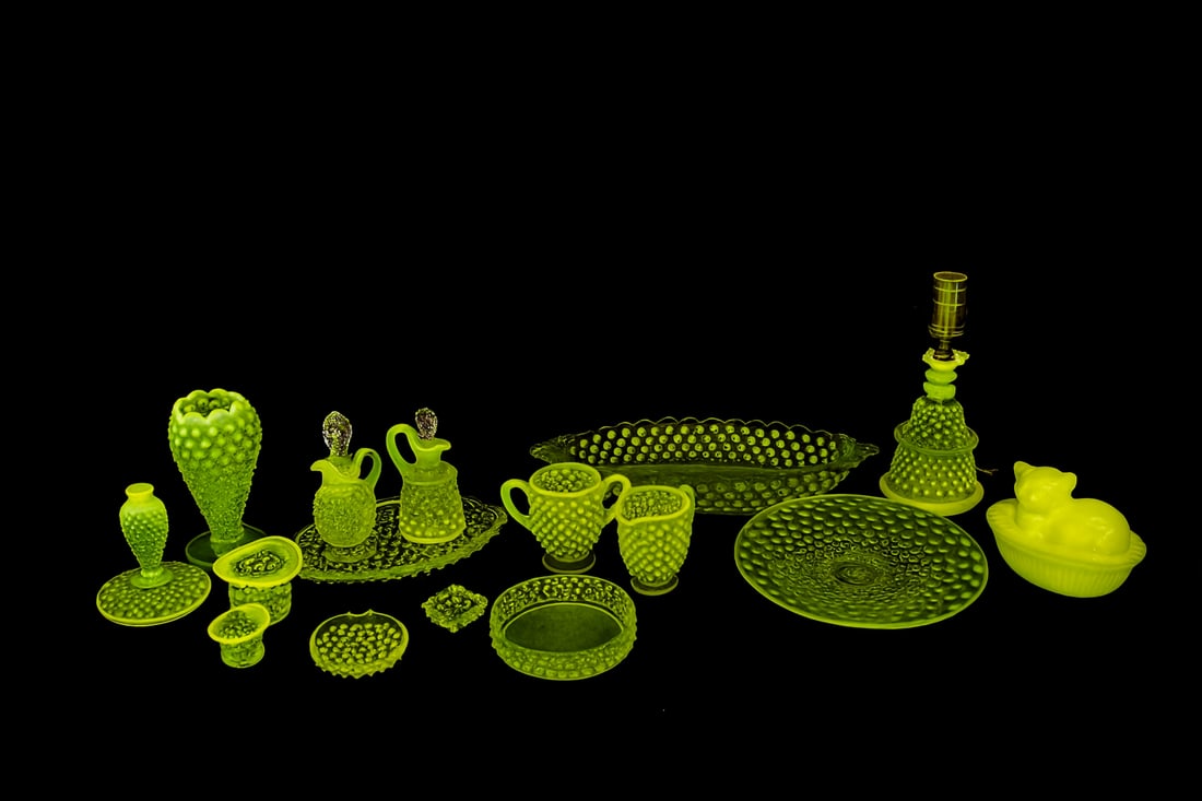 Fenton Topaz Vaseline Hobnail Collection – 16 PCS (UV Reactive) (1 of 5)