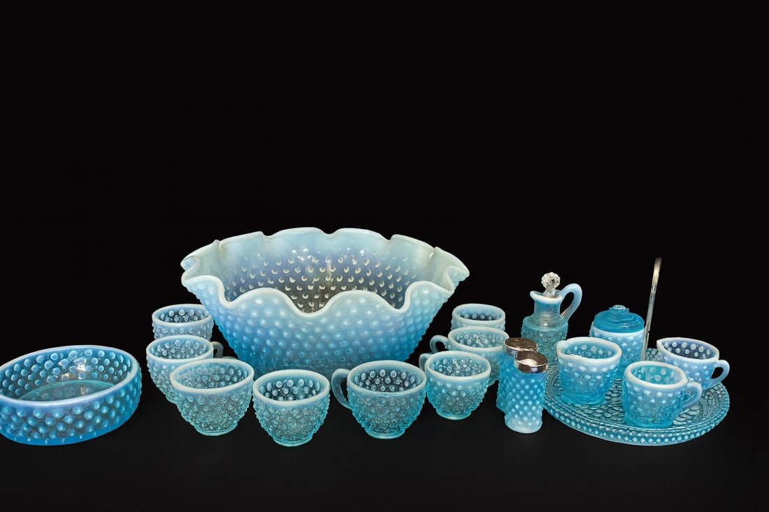Fenton Blue Opalescent Hobnail 18-Piece Punch & Table Service Set (1 of 6)