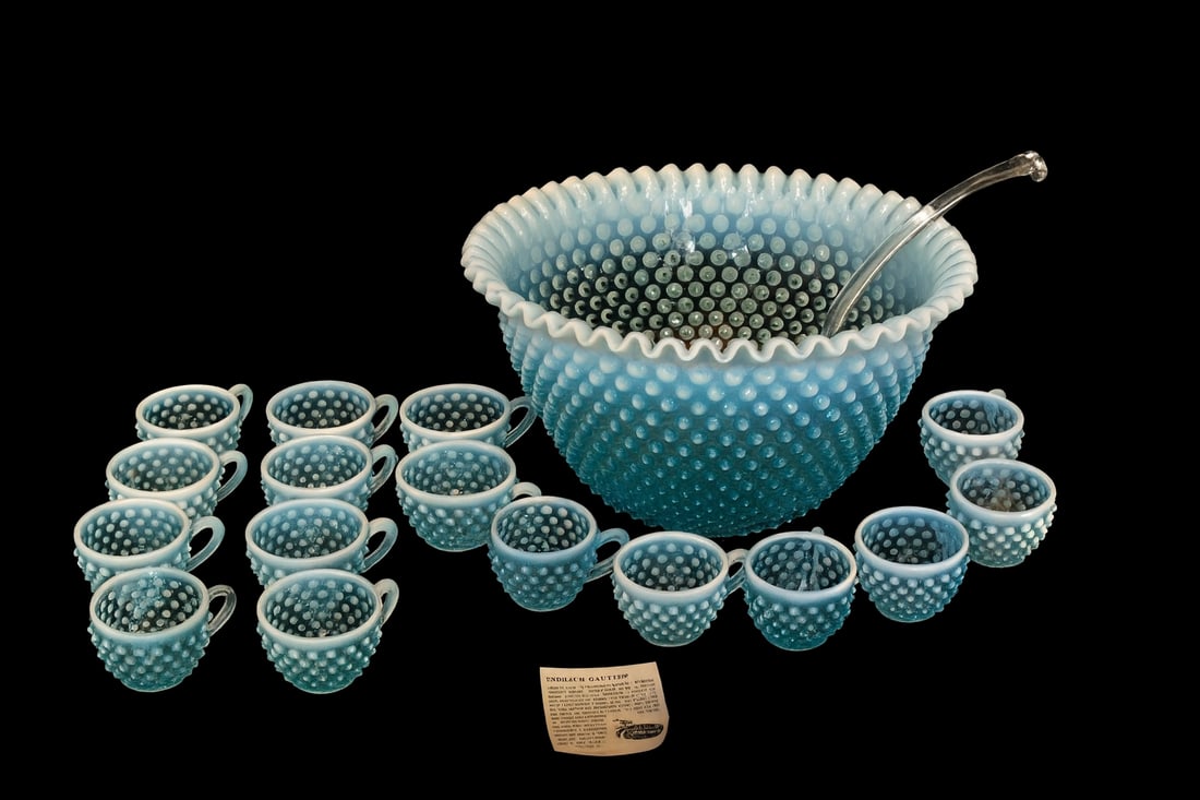 Fenton Blue Opalescent Hobnail Punch Bowl Set – 18 Pieces (Bowl + 16 Cups + Ladle) (1 of 6)