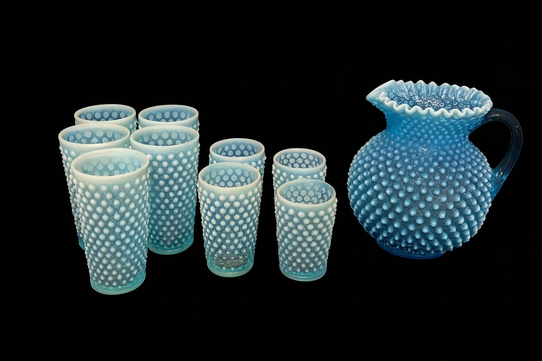 Fenton Blue Opalescent Hobnail Lemonade Set with Graduated Tumblers, 12 Pieces (1 of 5)
