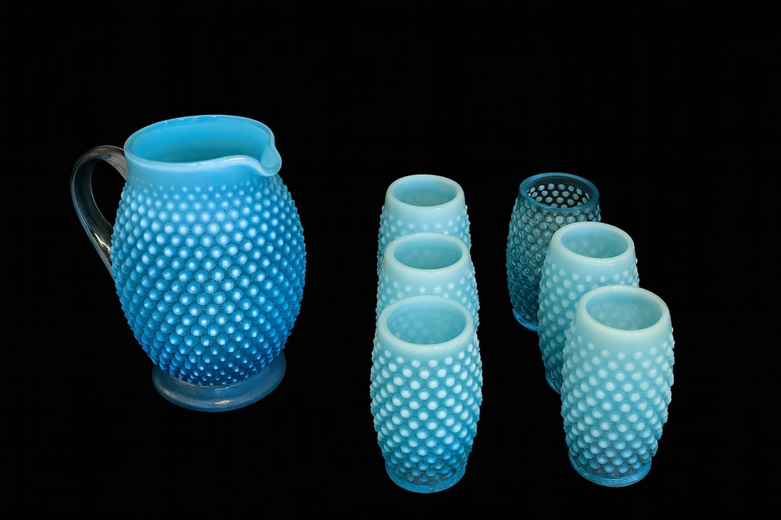 Fenton Blue Opalescent Hobnail Lemonade Set – Pitcher + 6 Tumblers (1 of 5)