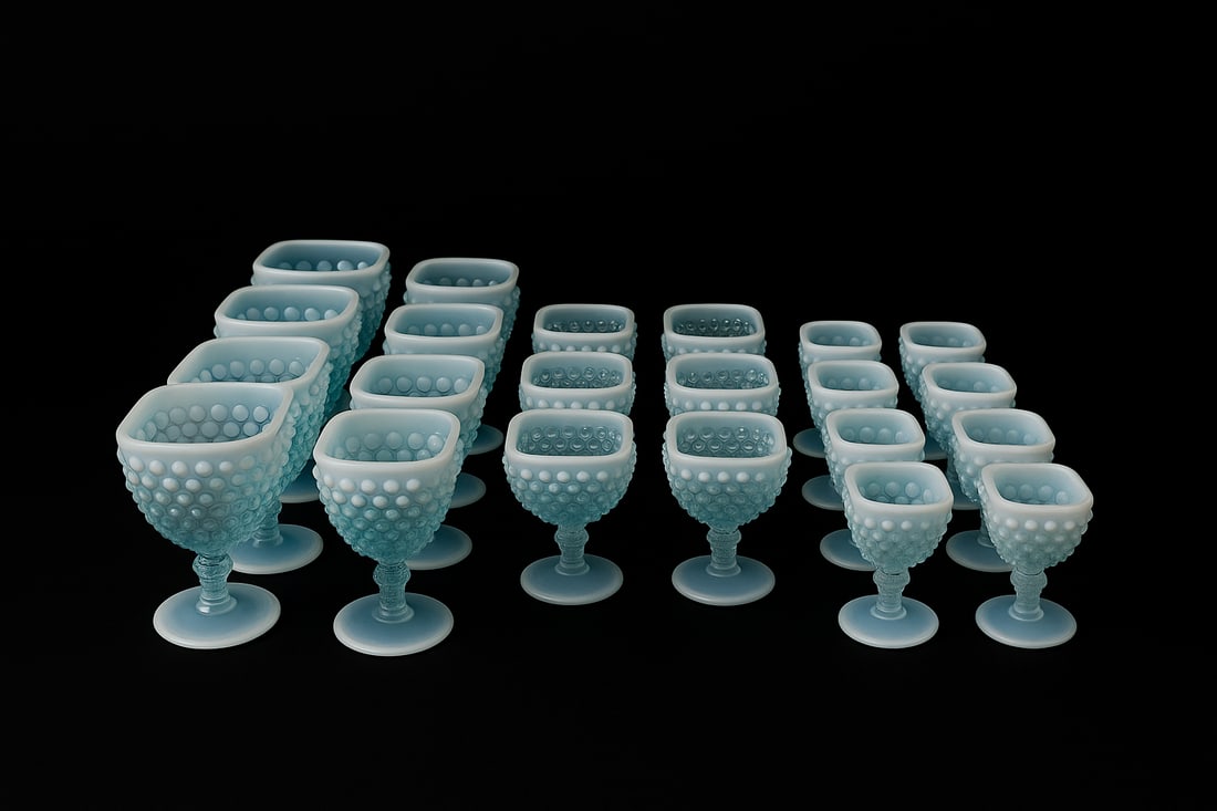 Fenton Blue Opalescent Hobnail Stemware – 22 Pieces: 22-piece stemware set including goblets, sherbets, and cordials with brilliant aqua opalescent rims and raised hobnail texture.