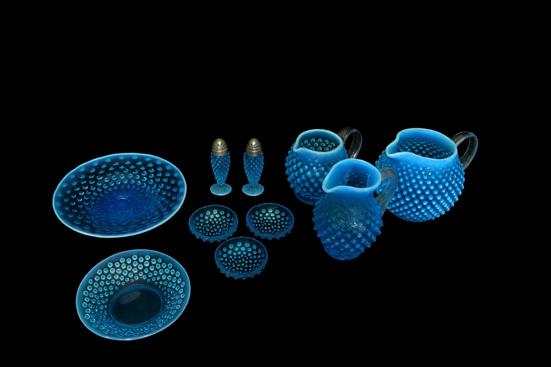 Fenton Blue Opalescent Hobnail Table Service — 10 Pieces (Pitchers, Bowls & Shakers) (1 of 6)