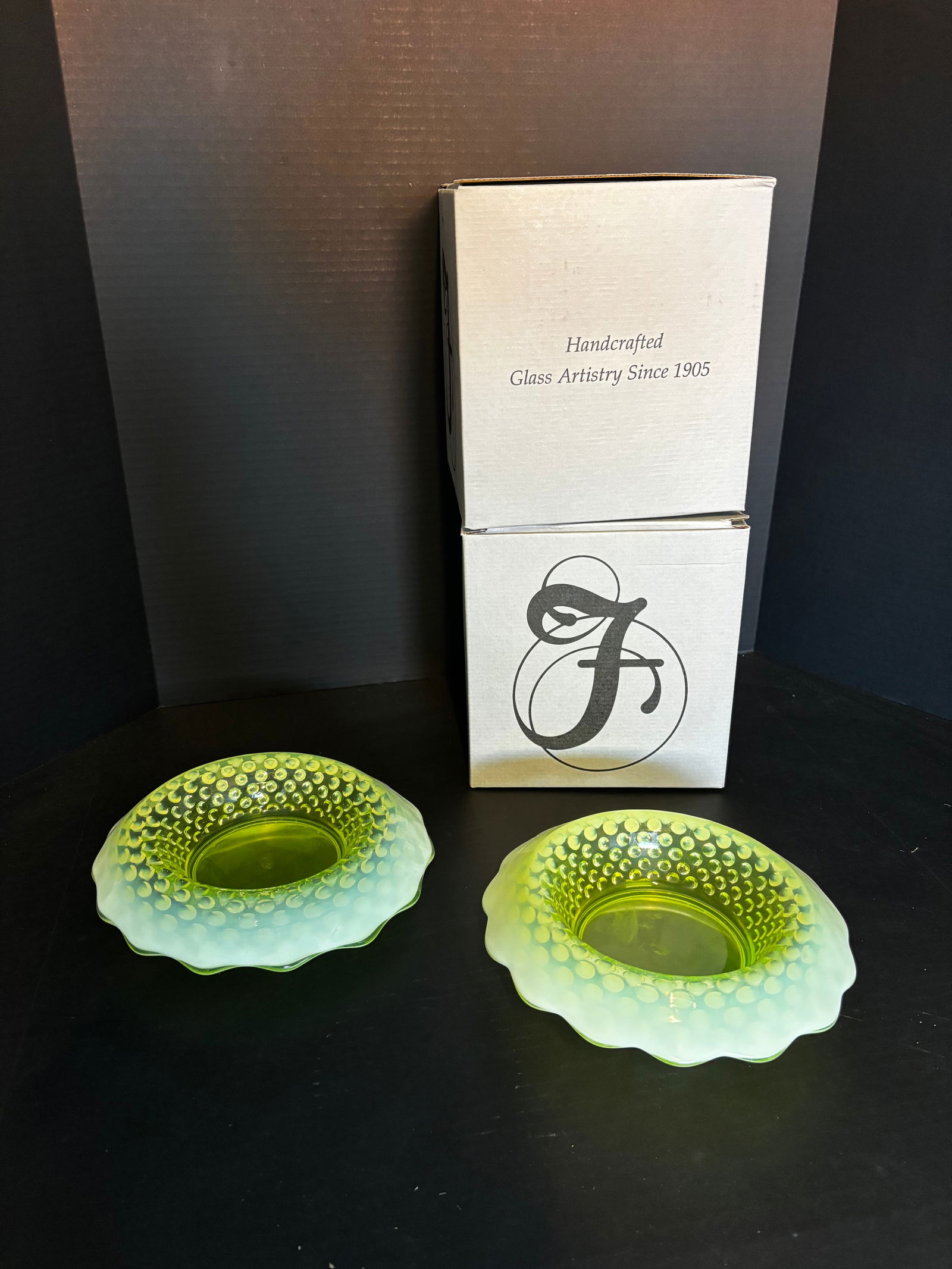 Set of Six Original Comission Fenton Vaseline Opalescent Hobnail Bowls-Boxed Collection (1 of 5)