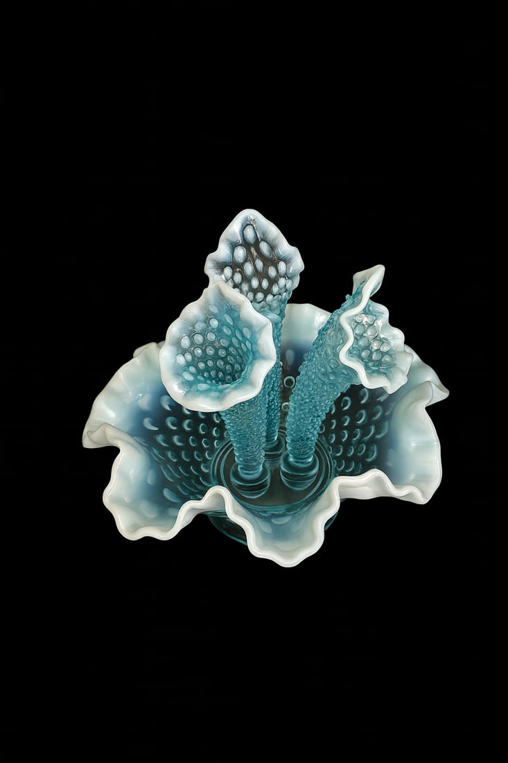 Vintage Blue Opalescent Hobnail Glass Epergne — Ruffled Bowl with Three Trumpet Vases (1 of 3)