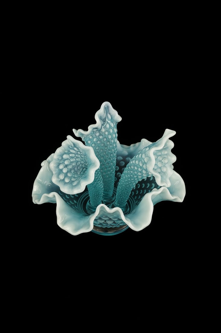 Vintage Blue Opalescent Hobnail Glass Epergne — Ruffled Bowl with Three Trumpet Vases (Second (1 of 4)