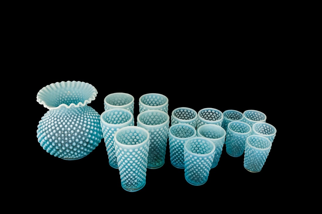 Fenton Blue Opalescent Hobnail Water Set – Pitcher and 15 Tumblers (16 pcs) (1 of 5)