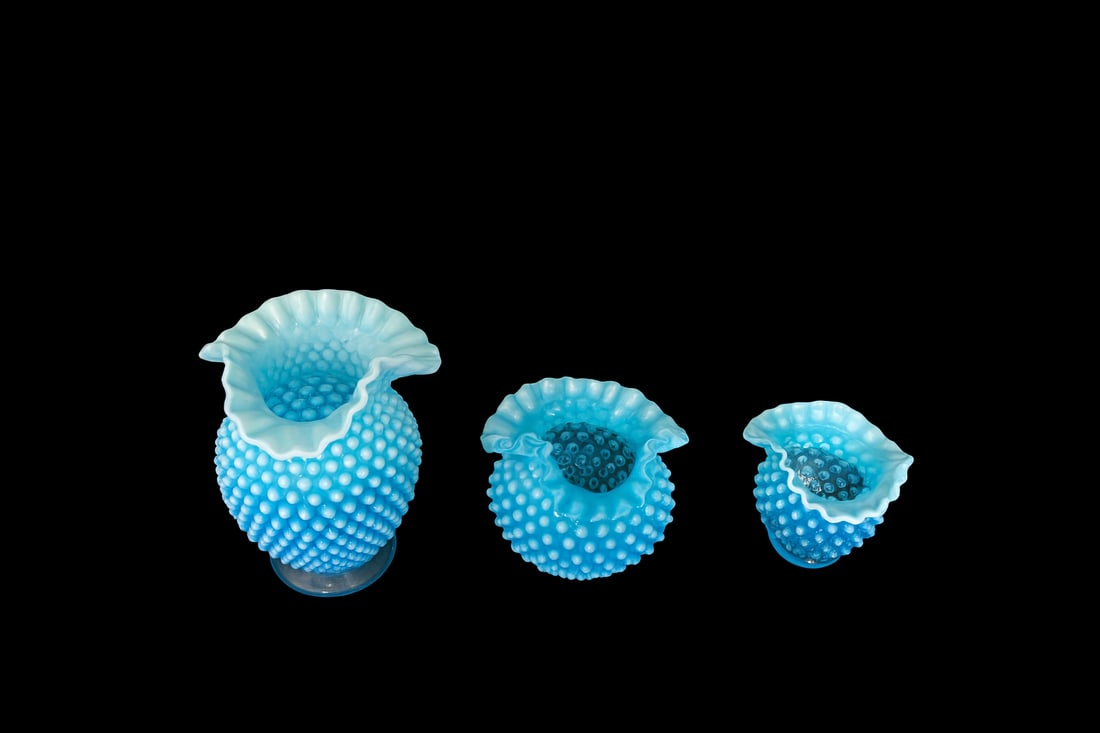 Fenton Blue Opalescent Hobnail Ruffled Vase Trio — 3 Pieces (1 of 5)