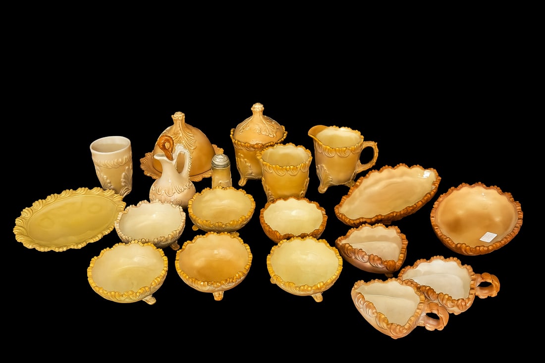 19-Piece Collection of Caramel Slag Glass — Leaf and Scroll Pattern (1 of 5)