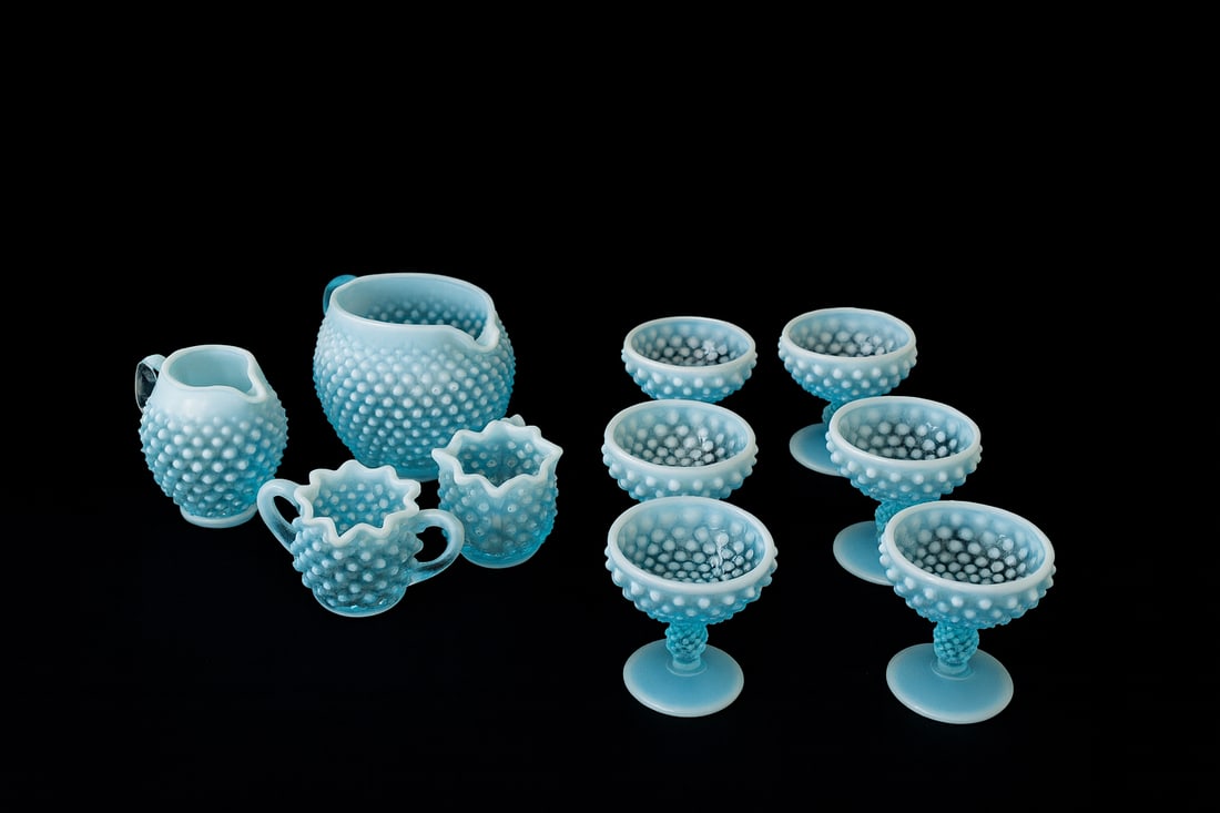 Fenton Blue Opalescent Hobnail Glass Collection (10pcs) — Sherbet Stems, Creamer, Sugar & Pitchers (1 of 6)