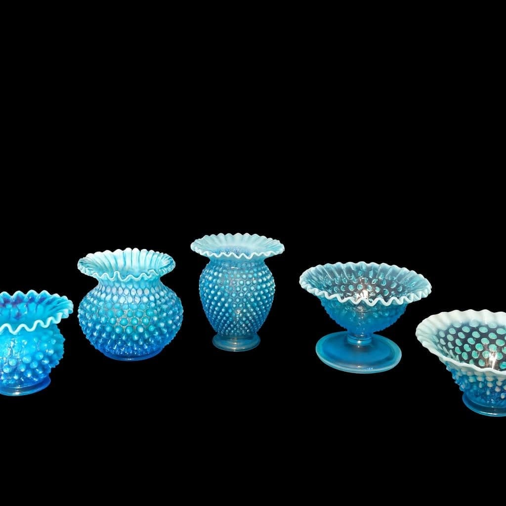 Fenton Blue Opalescent Hobnail Ruffled Vase & Compote Collection (5pcs) (1 of 9)