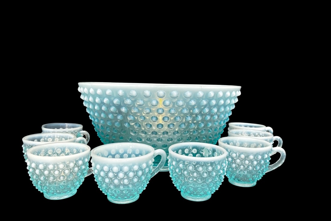 Vintage French Blue Opalescent Hobnail Punch Bowl Set- 8 Matchings Cups: • (1) Large Punch Bowl – approx. 11” diameter × 6” H (8) Matching Cups – each approx. 3” diameter × 2.5” H