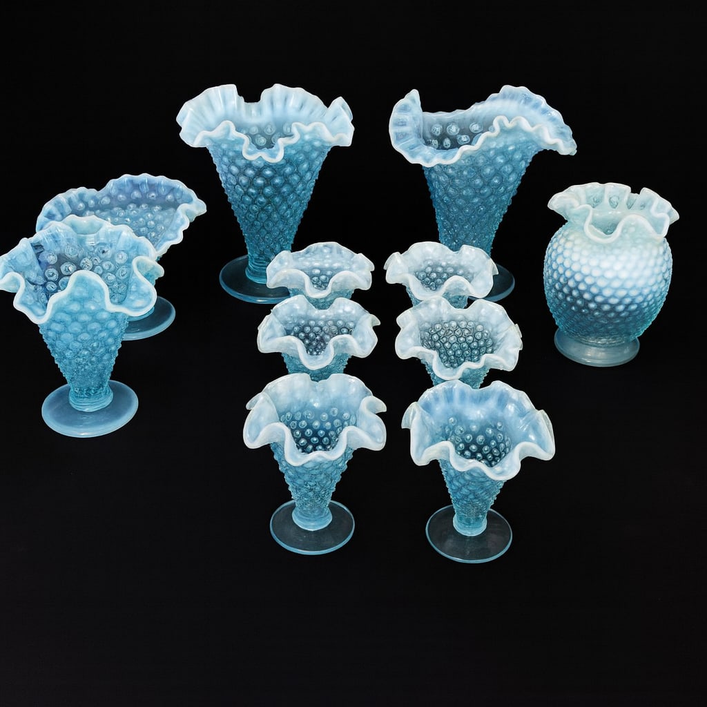 Fenton Blue Opalescent Hobnail Glass Lot — 11 Pieces, Trumpet Vases & Compotes (1 of 4)